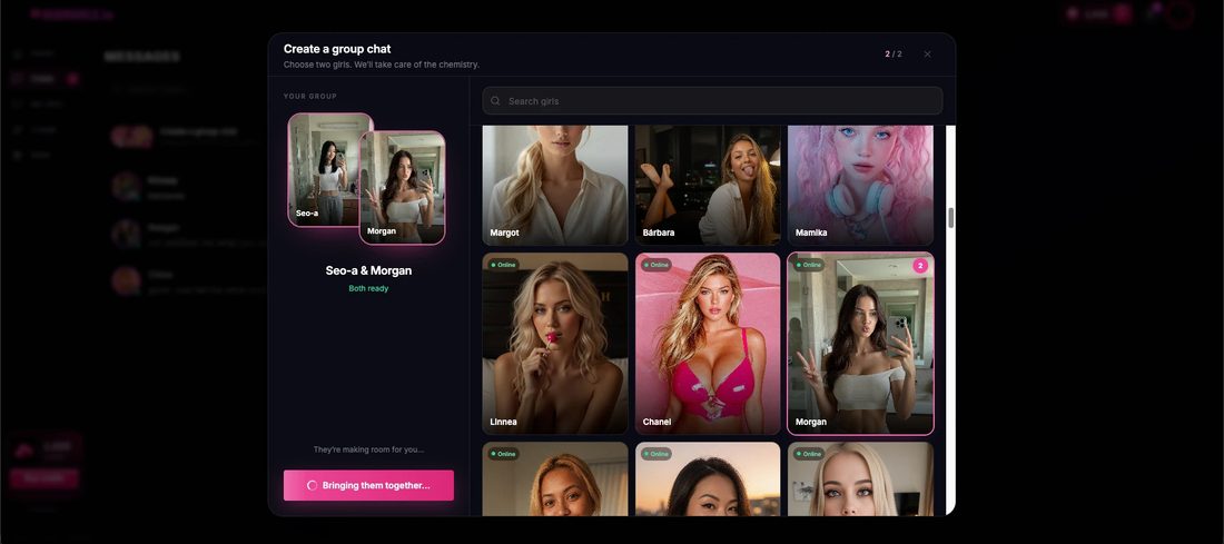 The AIAngels.io Create a group chat dialog with Seo-a and Morgan selected and a Bringing them together button