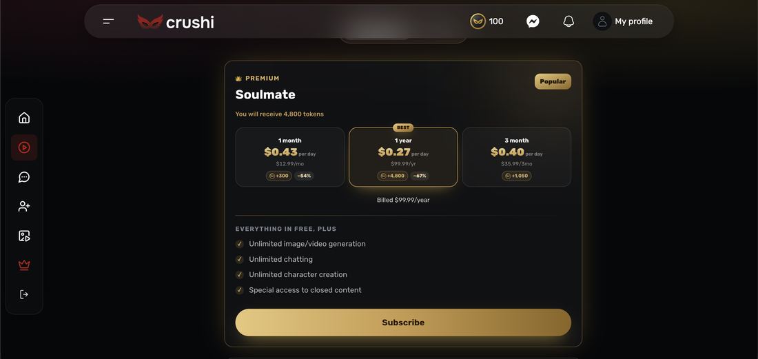 Crushi AI Soulmate pricing showing per day framing with monthly, yearly and three month options