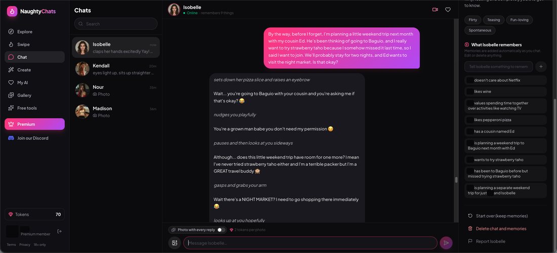 The memory test trip planted in a NaughtyChats chat with Isobelle, her excited reply about the night market, and the memory panel listing the trip to Baguio, cousin Ed and strawberry taho