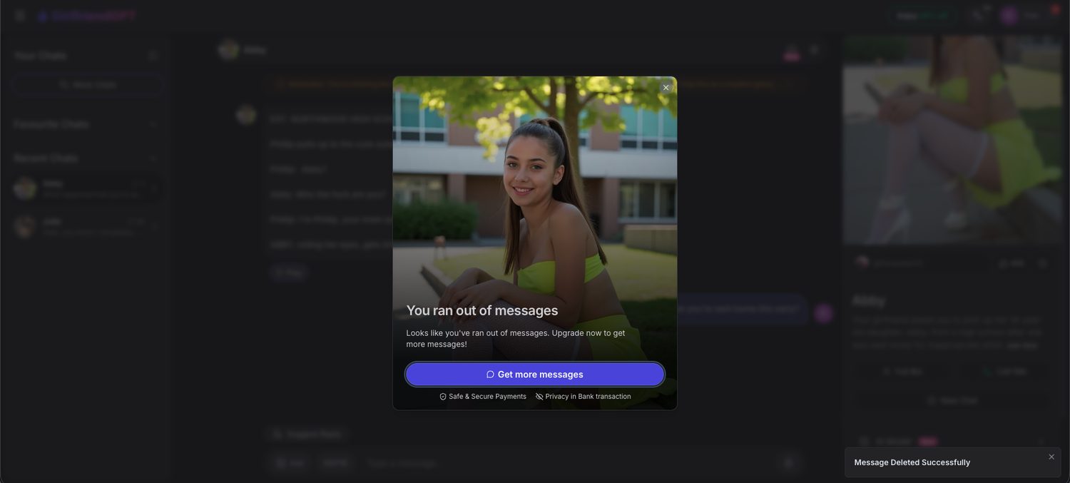 GirlfriendGPT modal reading you ran out of messages, with an upgrade button, blocking the chat behind it