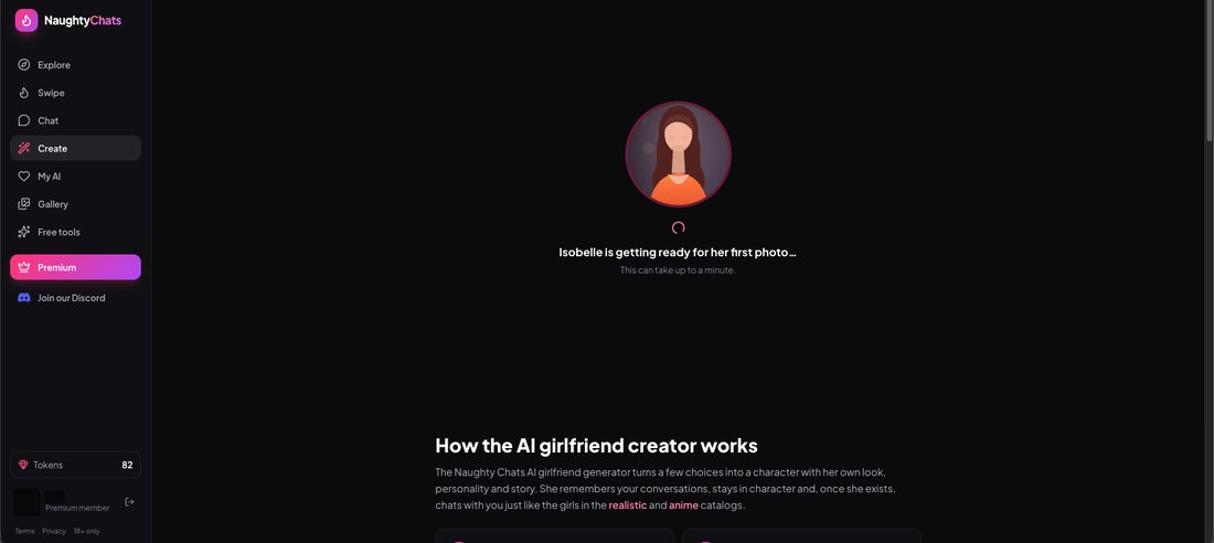 The NaughtyChats character creator loading screen: Isobelle is getting ready for her first photo, this can take up to a minute