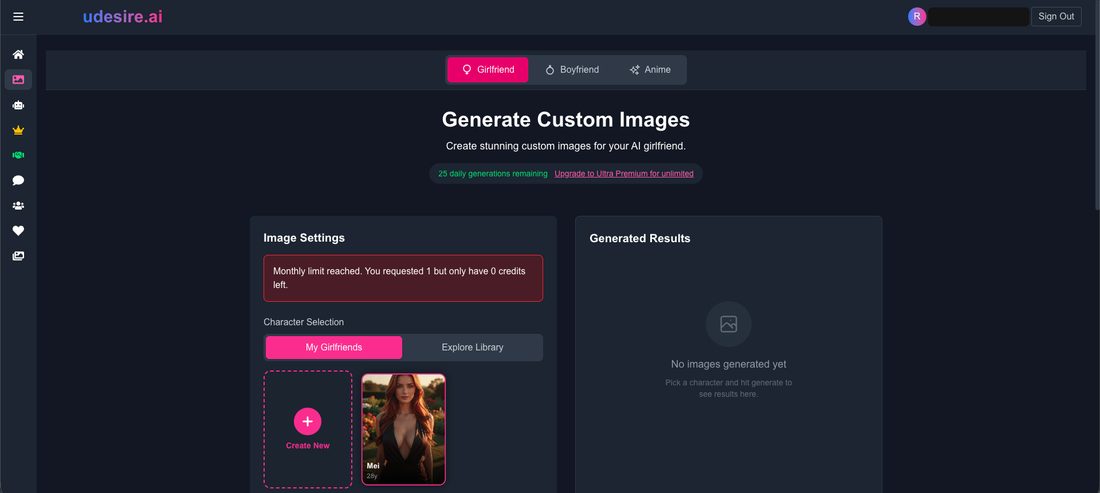 The uDesire AI Generate Custom Images page showing 25 daily generations remaining above an error reading Monthly limit reached, you requested 1 but only have 0 credits left
