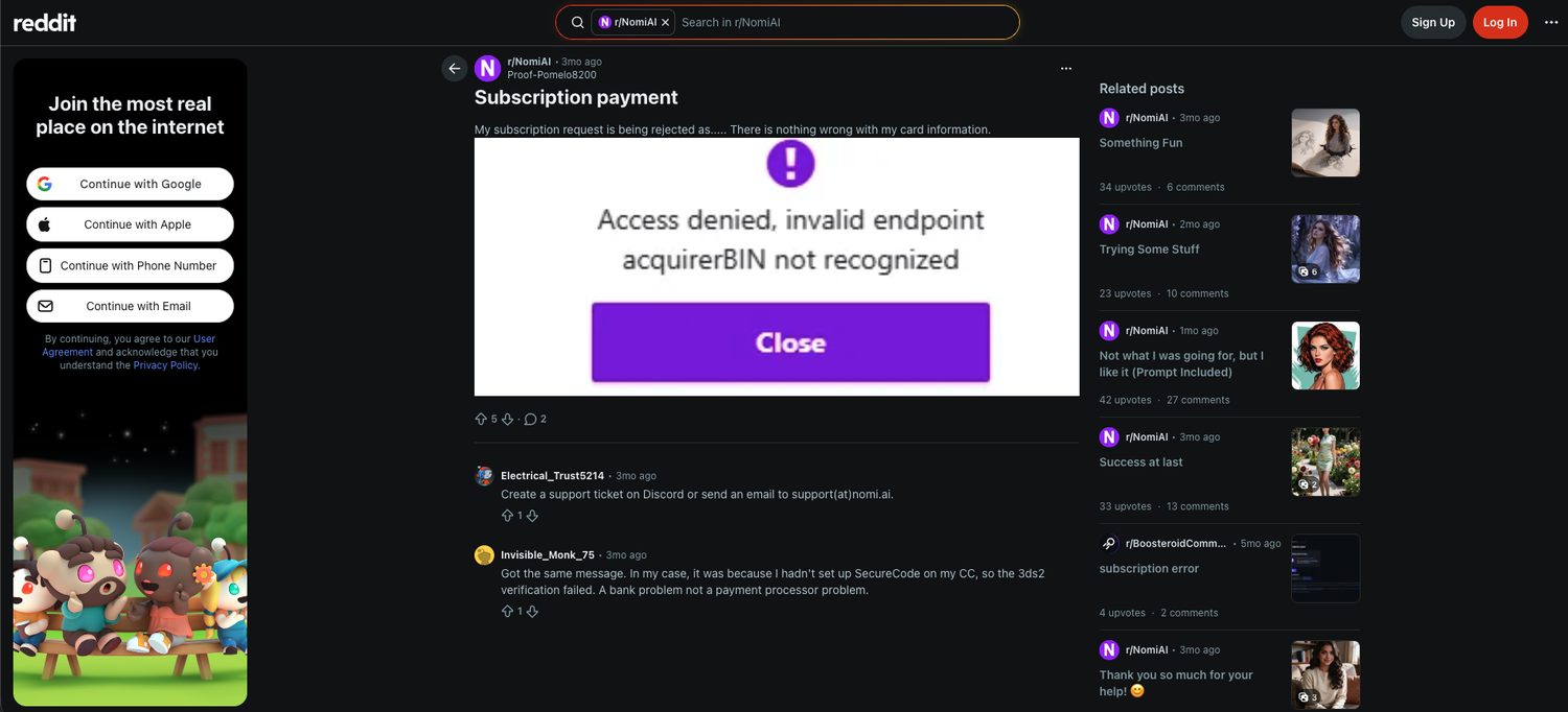 Reddit thread on the Nomi AI subreddit showing another user with the same acquirerBIN payment error and comments suggesting support tickets and SecureCode issues