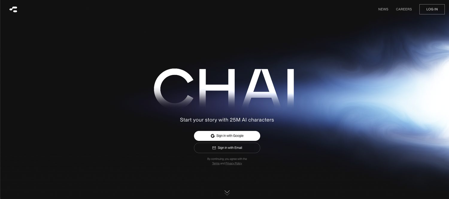 Chai landing page, a dark screen with the CHAI wordmark and the line start your story with 25 million AI characters