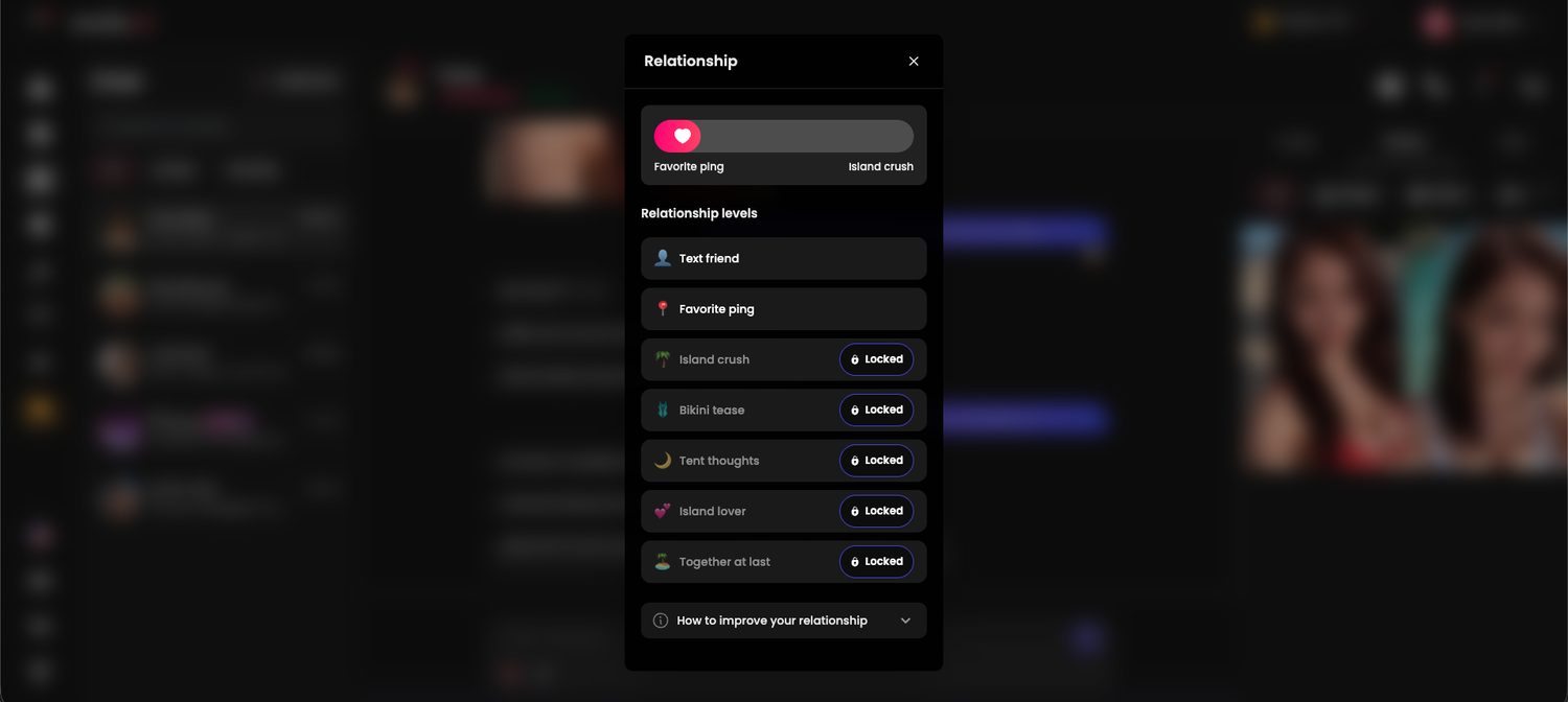 Candy AI relationship levels panel showing progress from favorite ping toward island crush, with higher levels like bikini tease and together at last still locked