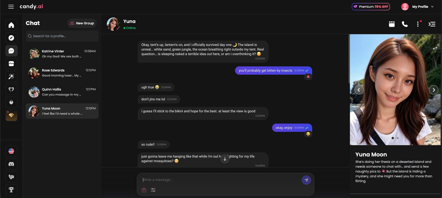 Chat with Yuna Moon on Candy AI showing casual, emoji-filled reply style