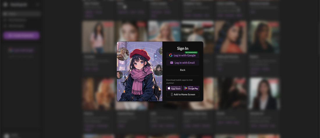 PovChat AI sign-in dialog over the blurred character catalog