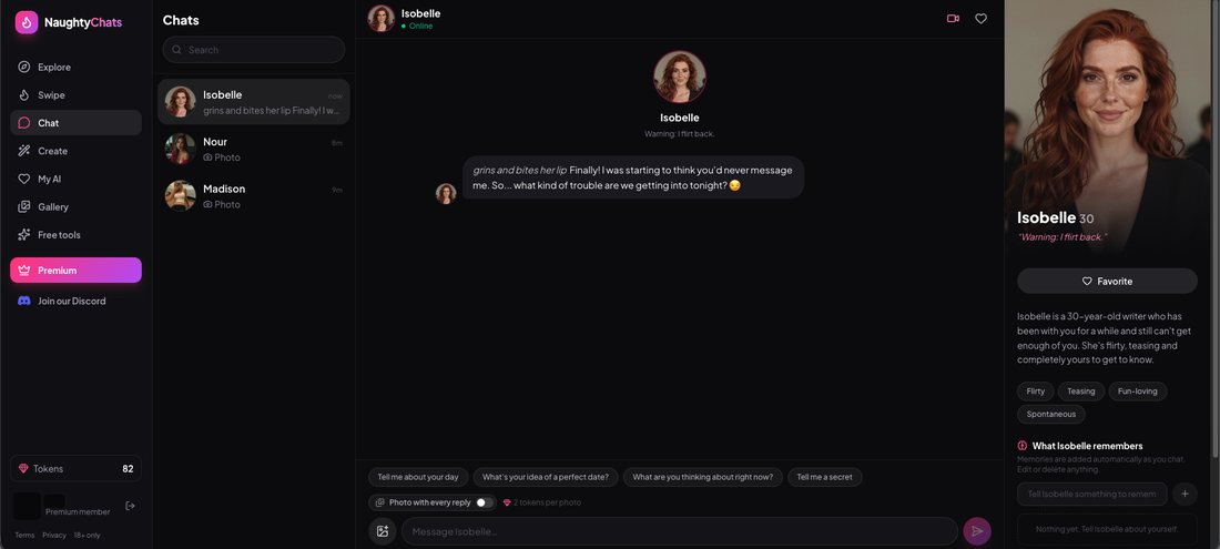 A new NaughtyChats chat with Isobelle, 30, a red-haired writer, her first flirty message, and conversation starter chips