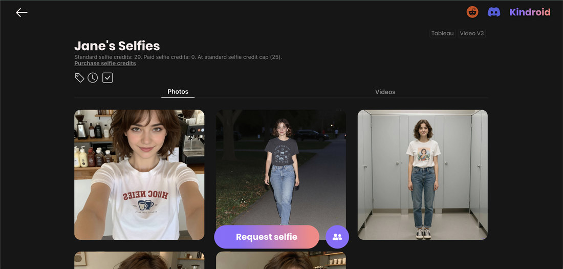 The Kindroid Photos tab with Jane's selfie gallery