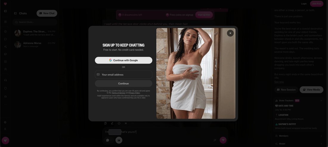 The OurDream AI sign-up modal offering Google or email, shown over a chat with Daphne