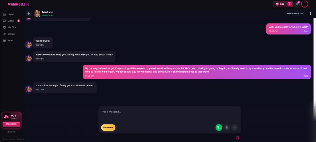 The memory test trip being planted in an AIAngels.io conversation with Madison