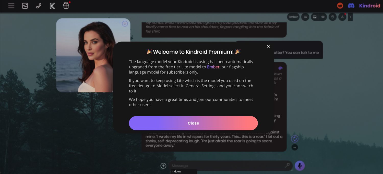 Welcome to Kindroid Premium banner explaining the automatic upgrade from the Lite model to the Ember flagship model