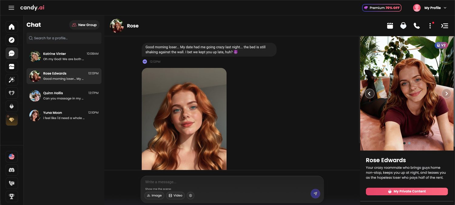 Rose Edwards sending a generated selfie inside the Candy AI chat