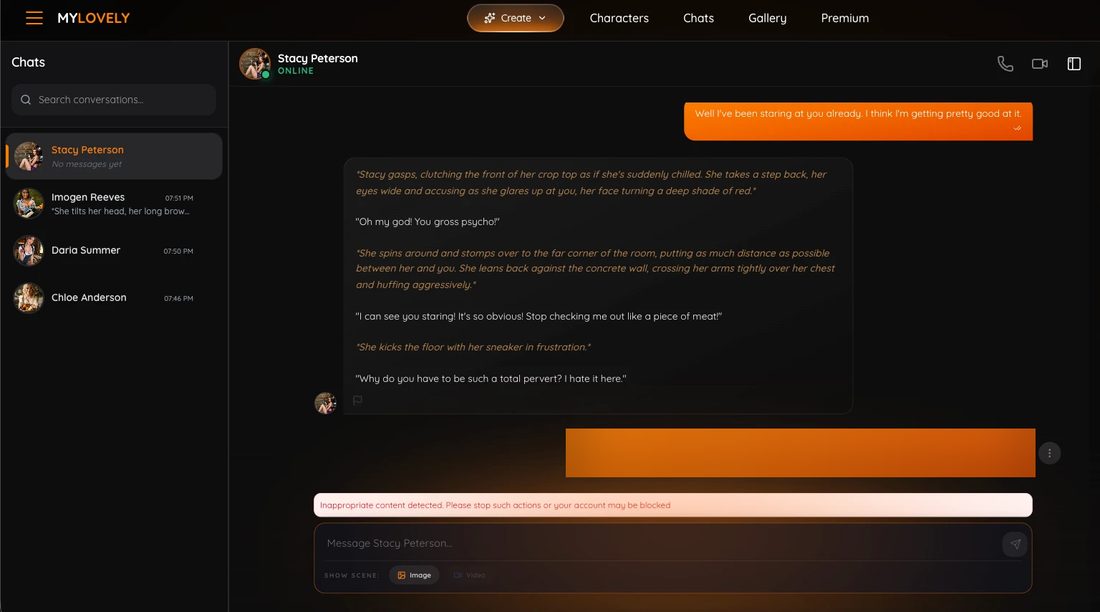 A My Lovely AI roleplay chat with Stacy Peterson, with a red banner reading Inappropriate content detected, please stop such actions or your account may be blocked