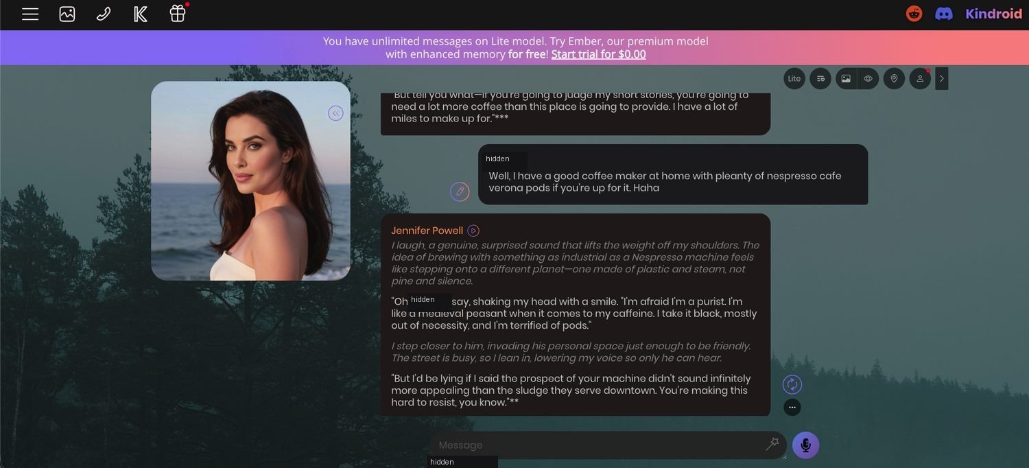 Kindroid chat with Jennifer Powell showing long literary replies about coffee, with the unlimited Lite model banner and Ember trial offer at the top