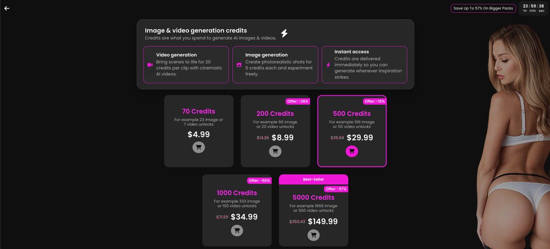 The Xeve.ai credit packs page: 70 credits for $4.99, 200 for $8.99, 500 for $29.99, 1,000 for $34.99 and 5,000 for $149.99