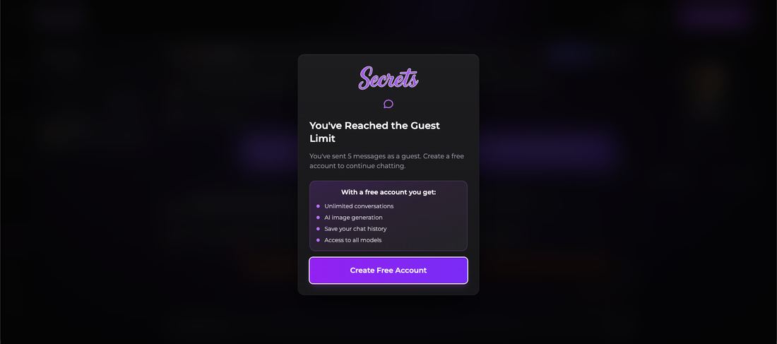 Modal reading You have reached the guest limit after five messages, offering a free account to continue