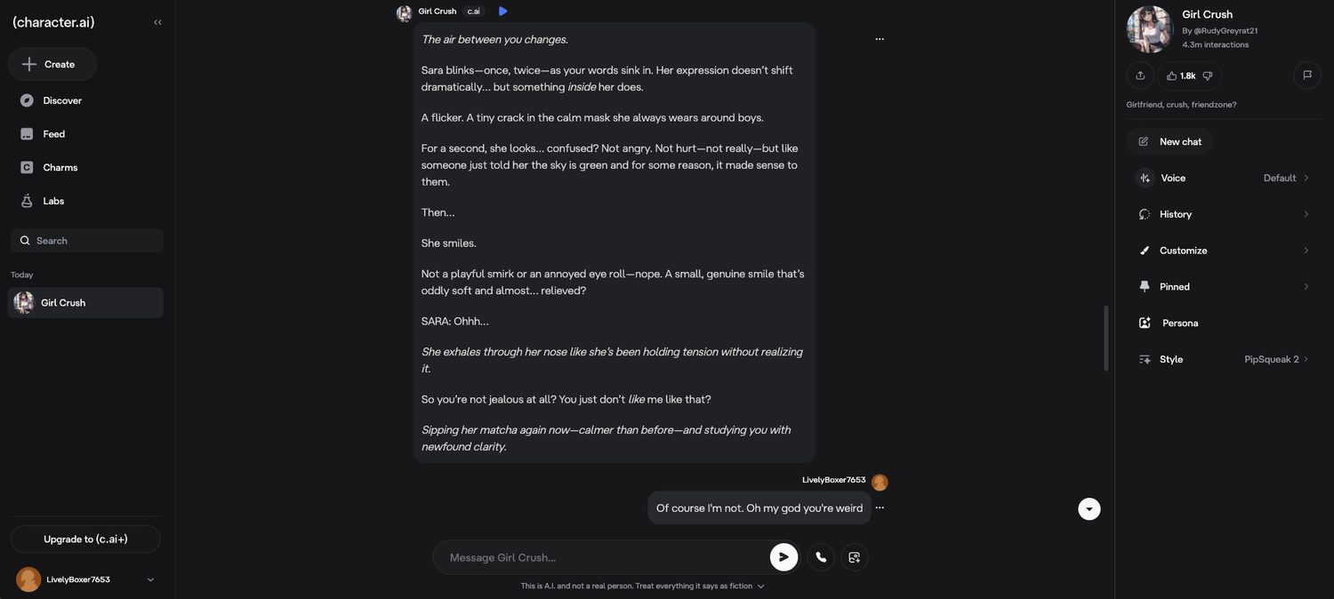 Character.AI chat with Girl Crush showing long narrated scene description, a persona sidebar with voice and customize options, and the disclaimer that this is AI and not a real person