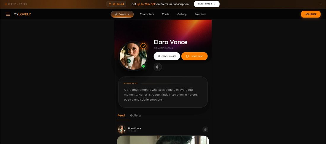 The My Lovely AI profile of Elara Vance: a verified avatar, Create Images and Start Chat buttons, a biography, and Feed and Gallery tabs
