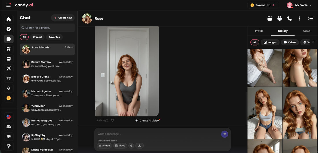A Candy AI chat with Rose and her generated gallery