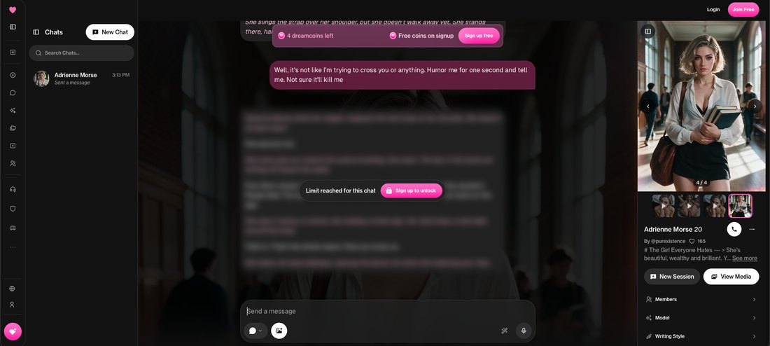 An OurDream AI chat with Adrienne Morse locked after six free messages, with four dreamcoins left
