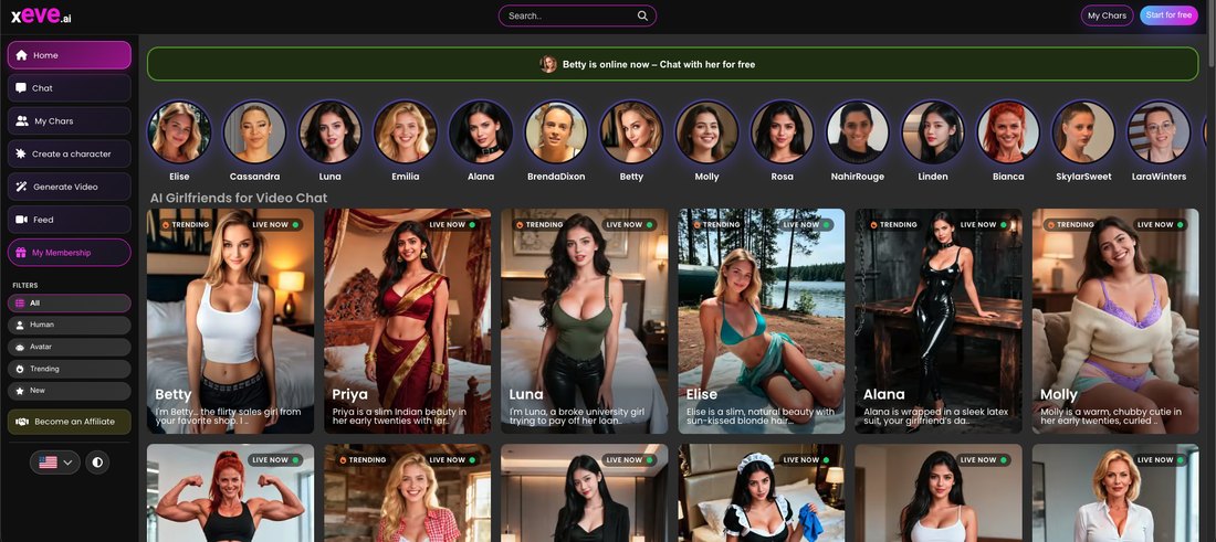 The Xeve.ai homepage with a grid of AI girlfriend characters and a row of round portraits along the top