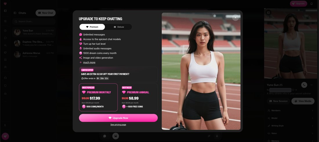 The OurDream AI upgrade modal showing Premium monthly at $17.99 and Premium annual at $8.99 a month under a limited offer