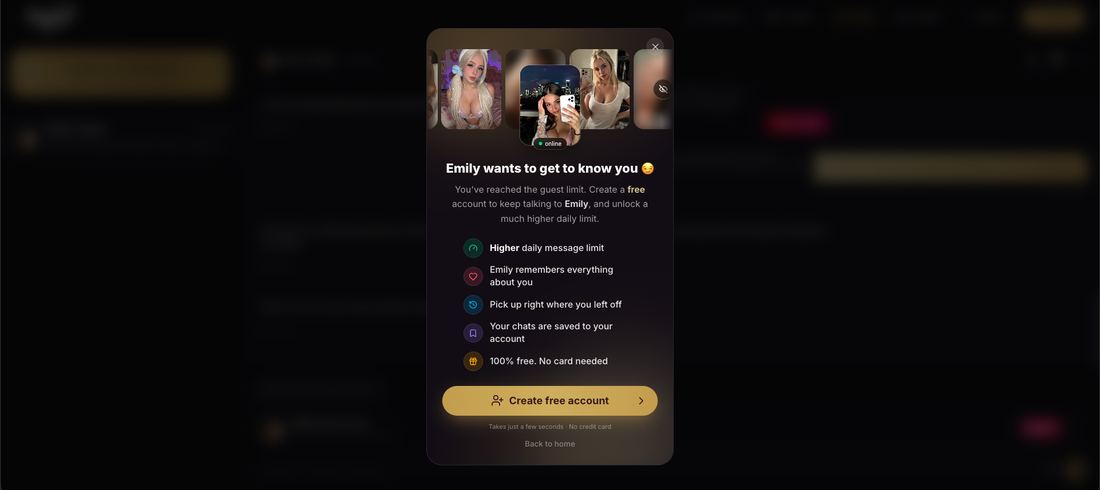 Guest limit modal reading Emily wants to get to know you, listing the benefits of a free account