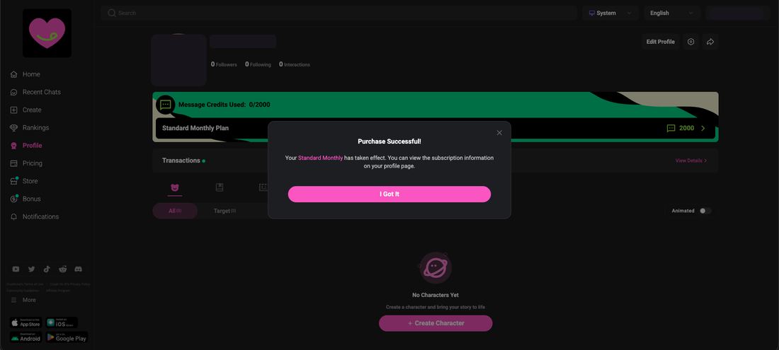Crushon AI purchase confirmation for the Standard Monthly plan, profile details redacted