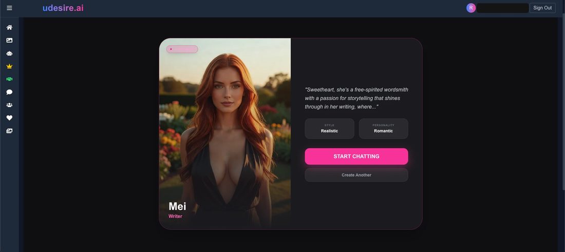 The finished uDesire AI custom girlfriend Mei, a redheaded writer, with Realistic style, Romantic personality and a Start Chatting button