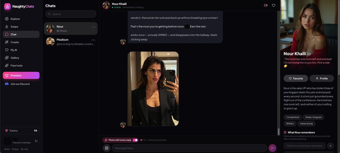 A NaughtyChats chat where Nour Khalil sends a mirror selfie in a black blazer, with her profile photo showing a different face in the right panel