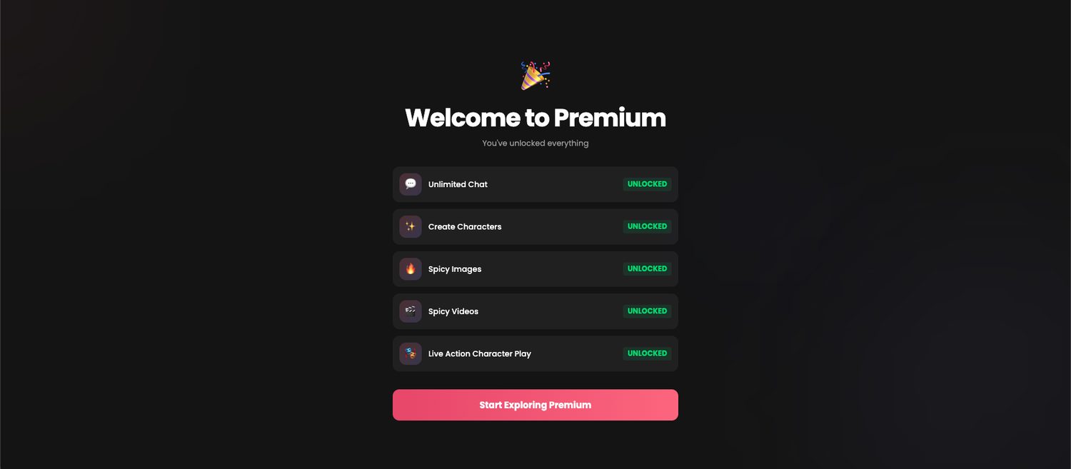 Candy AI welcome to premium screen listing unlimited chat, create characters, spicy images, spicy videos, and live action character play as unlocked