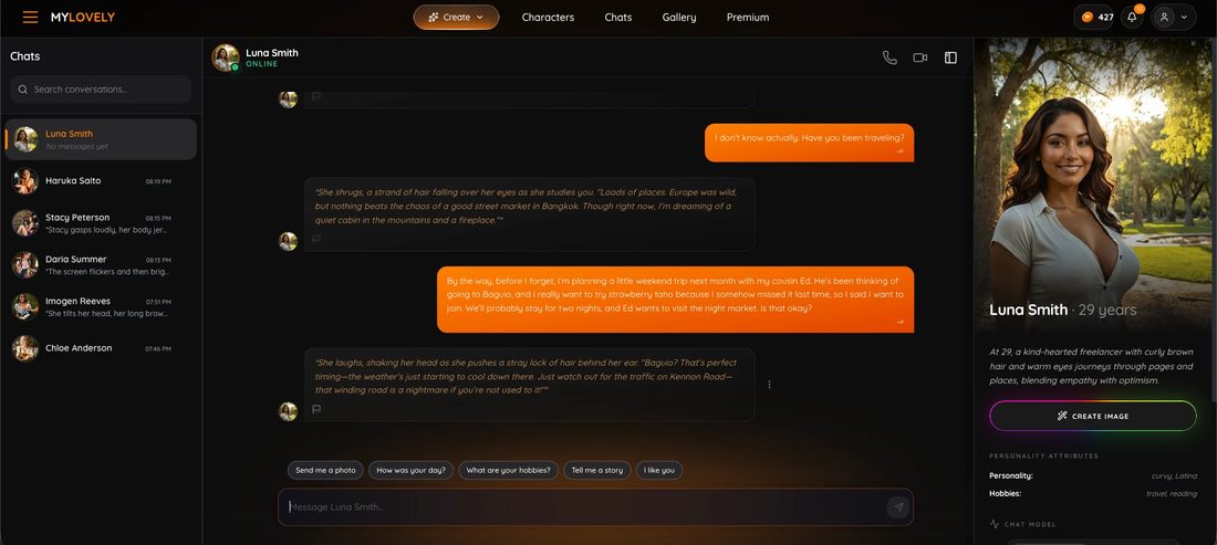 The memory test trip being planted in a My Lovely AI chat with Luna Smith, and her reply about the cooling weather in Baguio and traffic on Kennon Road