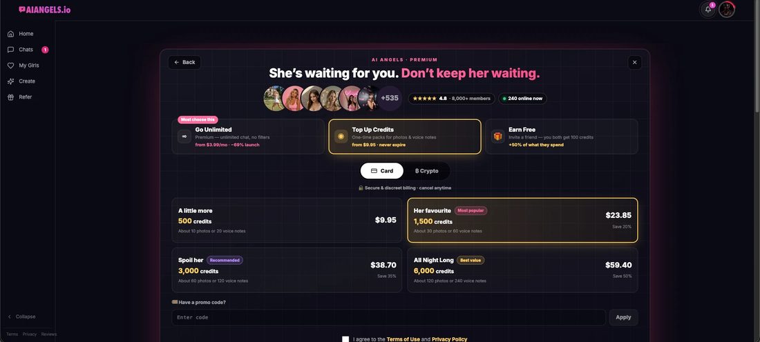 The AIAngels.io premium page with Go Unlimited, Top Up Credits and Earn Free tabs, and credit packs from 500 for $9.95 to 6,000 for $59.40