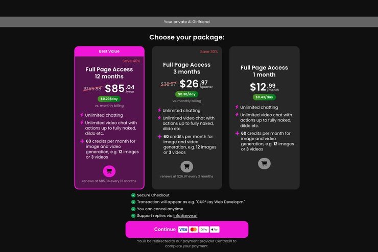The Xeve.ai checkout page on CentroBill listing Full Page Access at $85.04 a year, $26.97 a quarter and $12.99 a month, with the billing descriptor shown