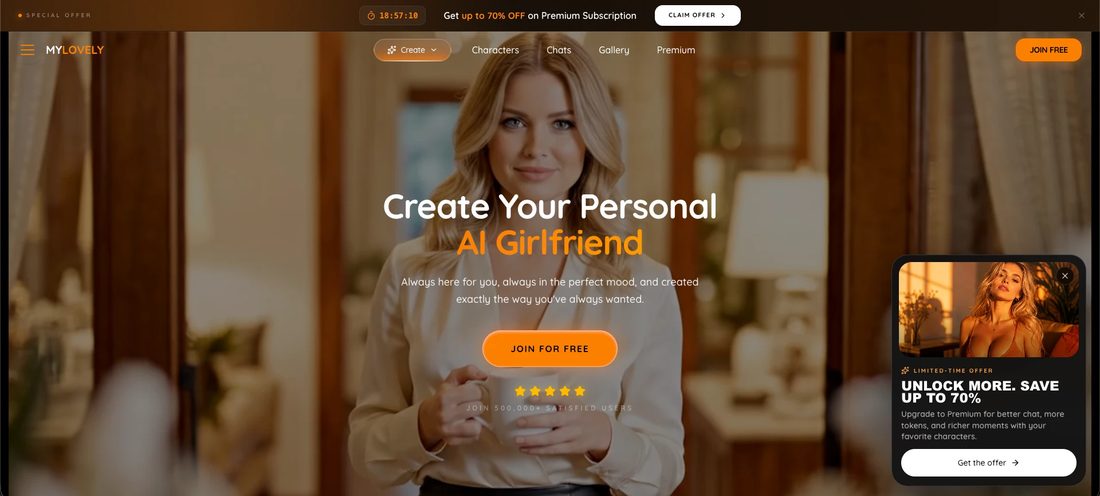 The My Lovely AI homepage: Create Your Personal AI Girlfriend, a Join for Free button, a 70% off countdown banner and a limited-time offer popup