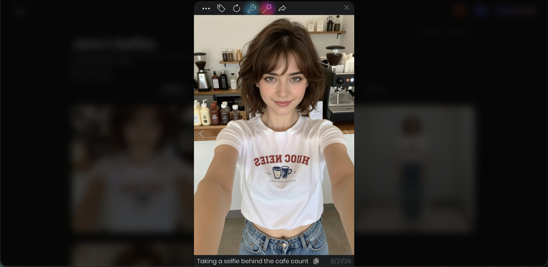 A Kindroid selfie of Jane behind a cafe counter