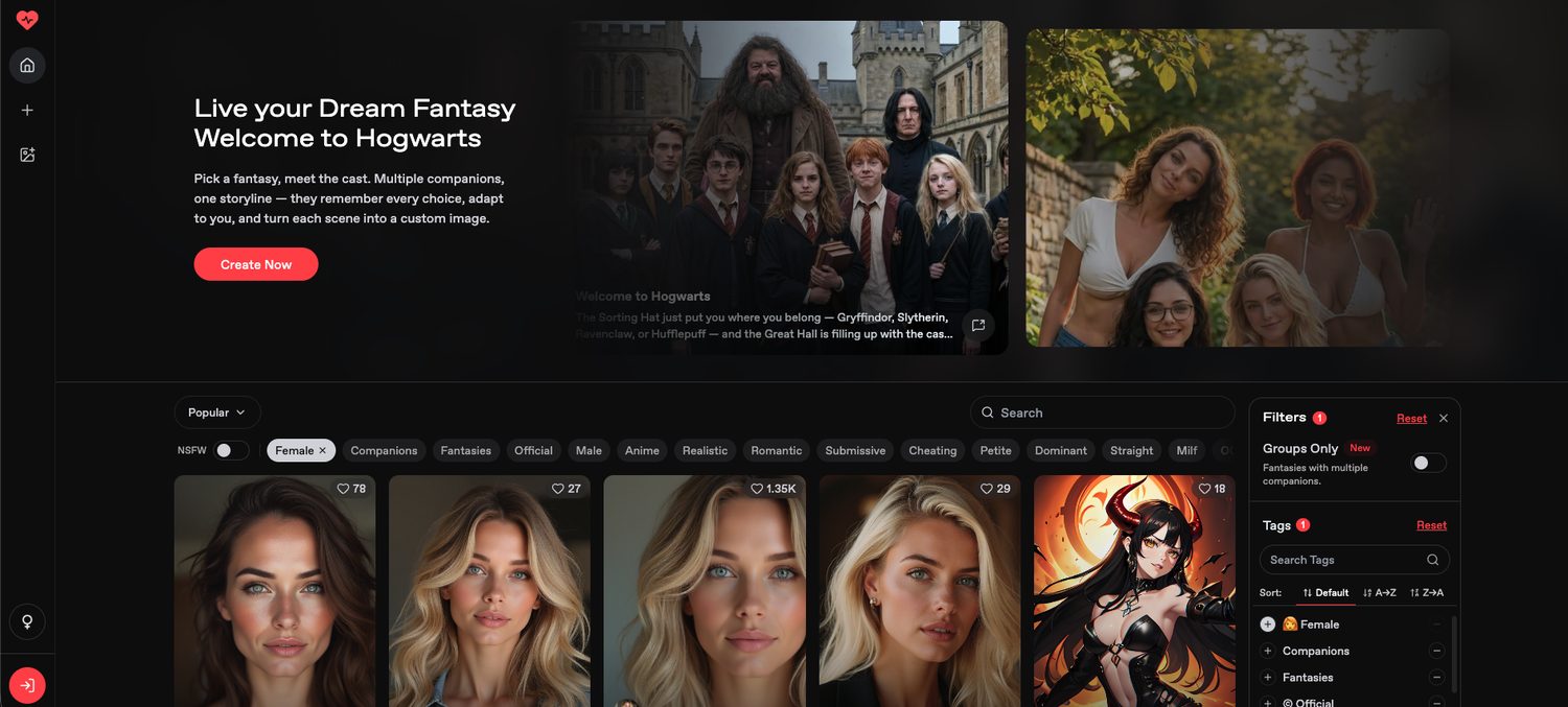 Nectar AI homepage with a Live your Dream Fantasy banner, an NSFW toggle, tag filters like romantic and submissive, and a grid of characters