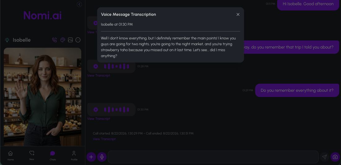 Nomi AI transcript admitting it may not remember everything