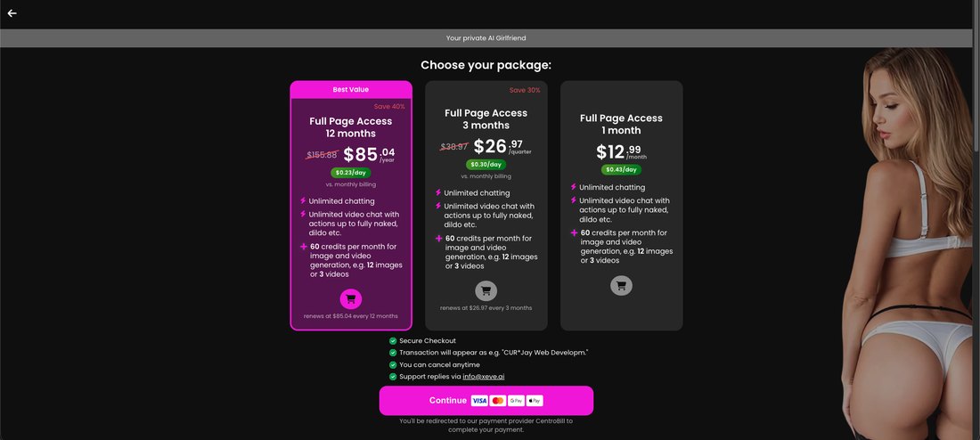 The Xeve.ai checkout page on CentroBill listing Full Page Access at $85.04 a year, $26.97 a quarter and $12.99 a month, with the billing descriptor shown