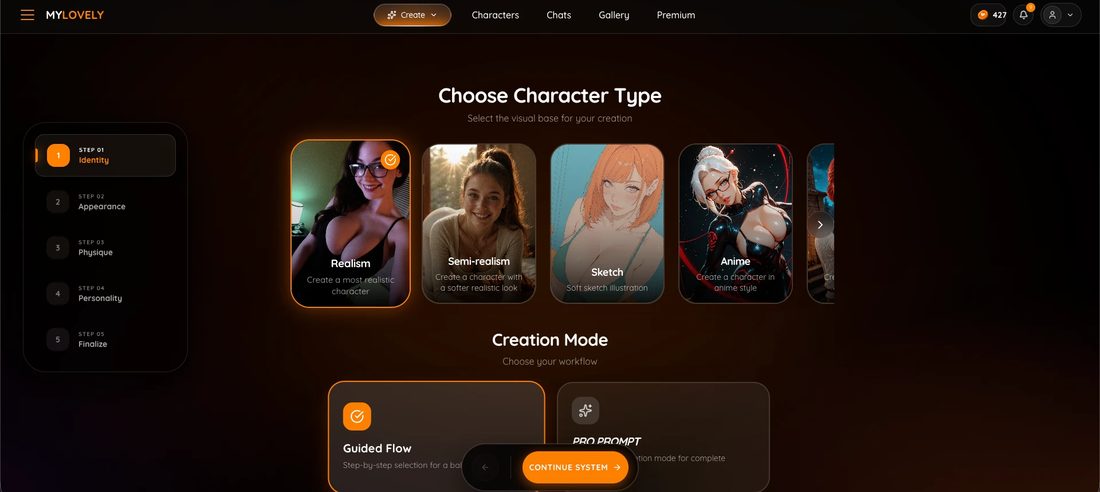 The My Lovely AI Choose Character Type step: Realism, Semi-realism, Sketch and Anime cards, and Guided Flow or Pro Prompt creation modes