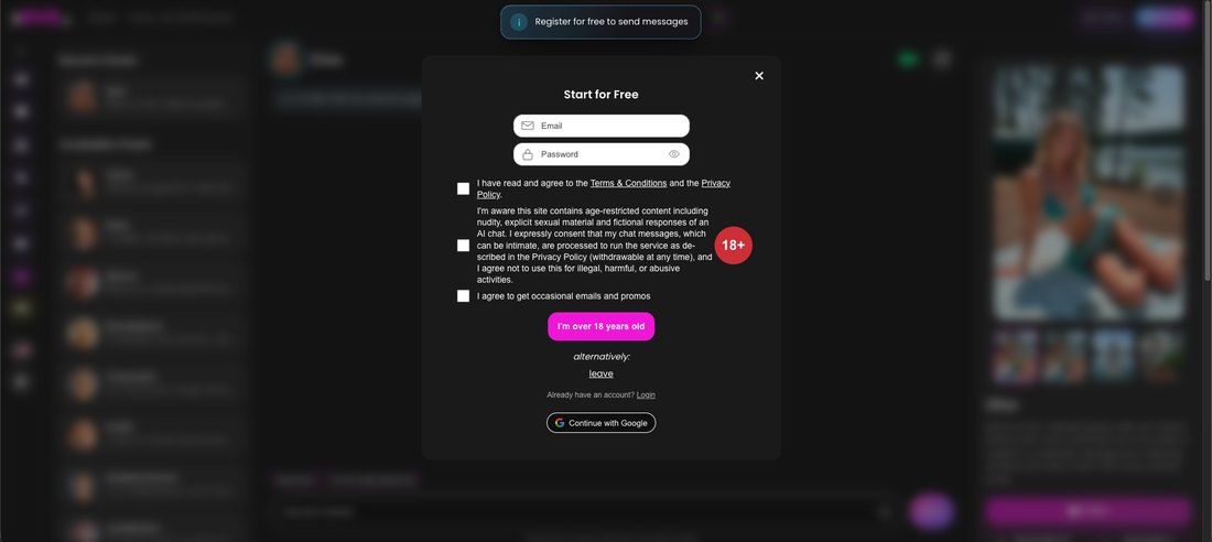 The Xeve.ai sign-up modal with email and password fields, an 18+ confirmation, and a Continue with Google button