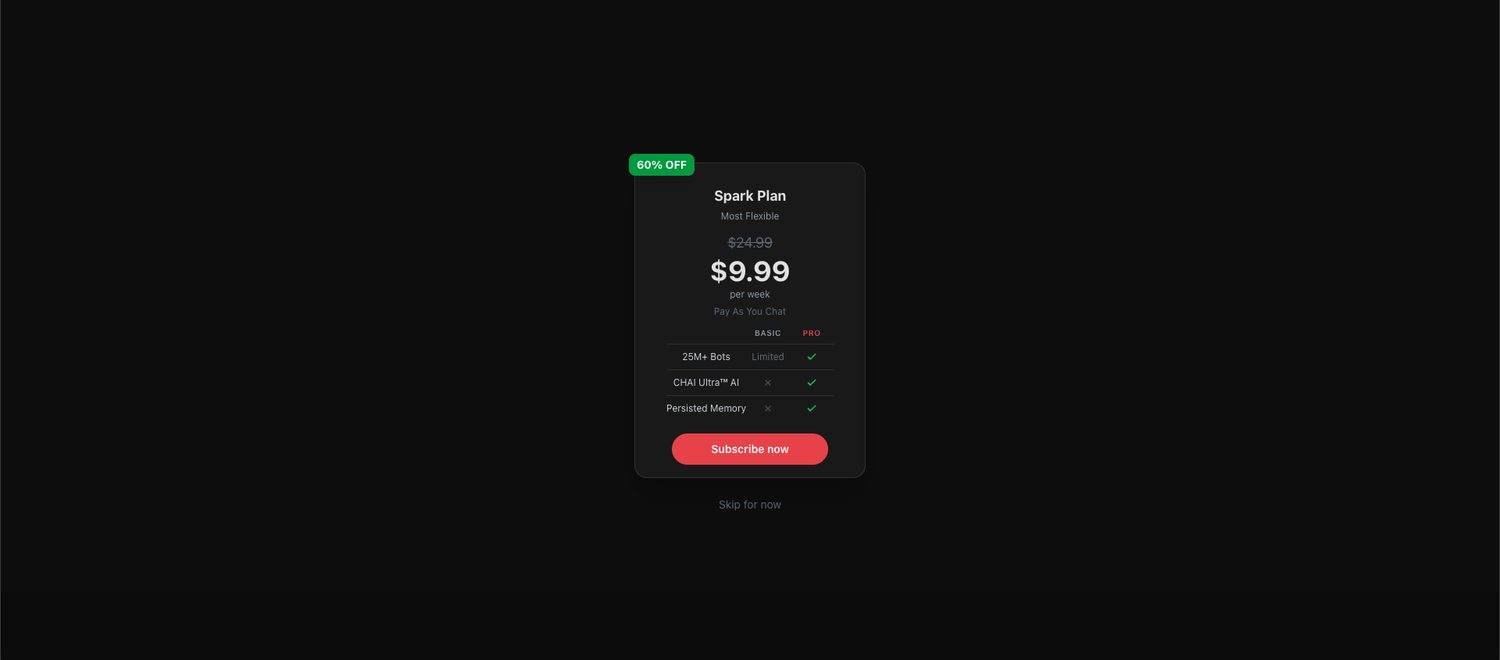 Chai Spark Plan checkout showing 9.99 dollars per week at 60 percent off with Chai Ultra AI and persisted memory included for Pro