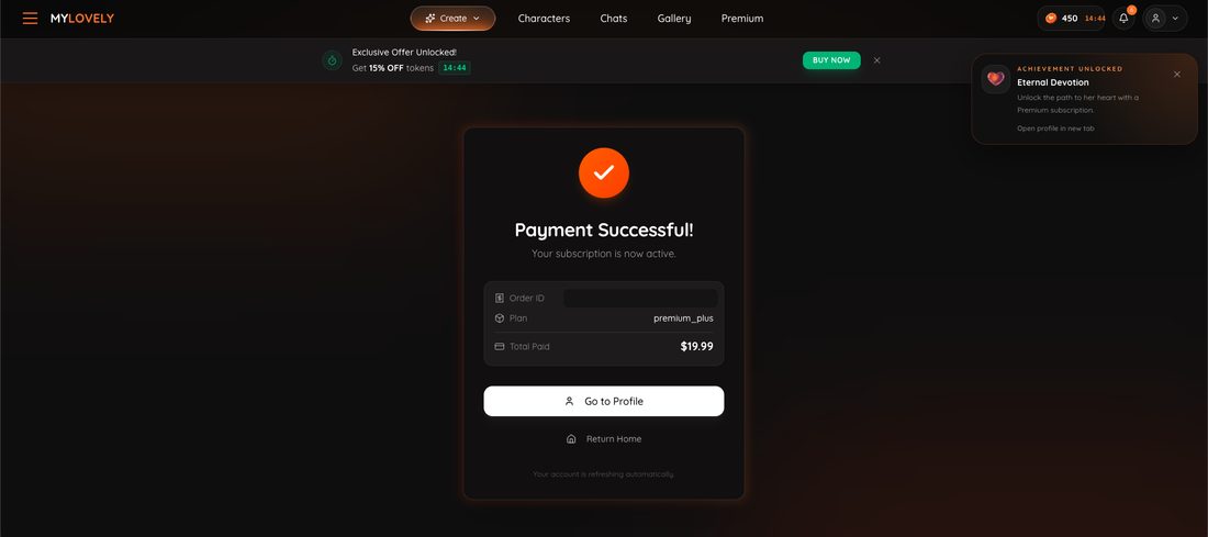 The My Lovely AI Payment Successful page: plan premium_plus, total paid $19.99, with 450 tokens in the header and an achievement popup