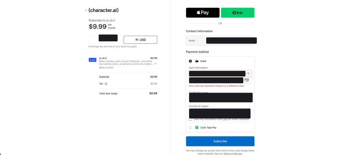 Character.AI c.ai+ checkout at 9.99 dollars a month showing a card declined error, with the card number, expiry, security code, name and country redacted