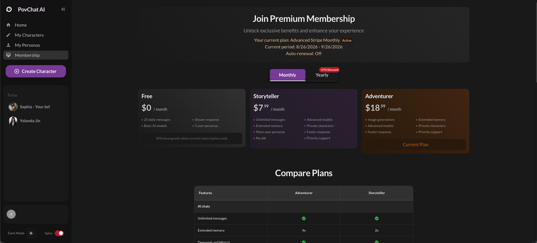 The PovChat AI membership page with the Adventurer plan active