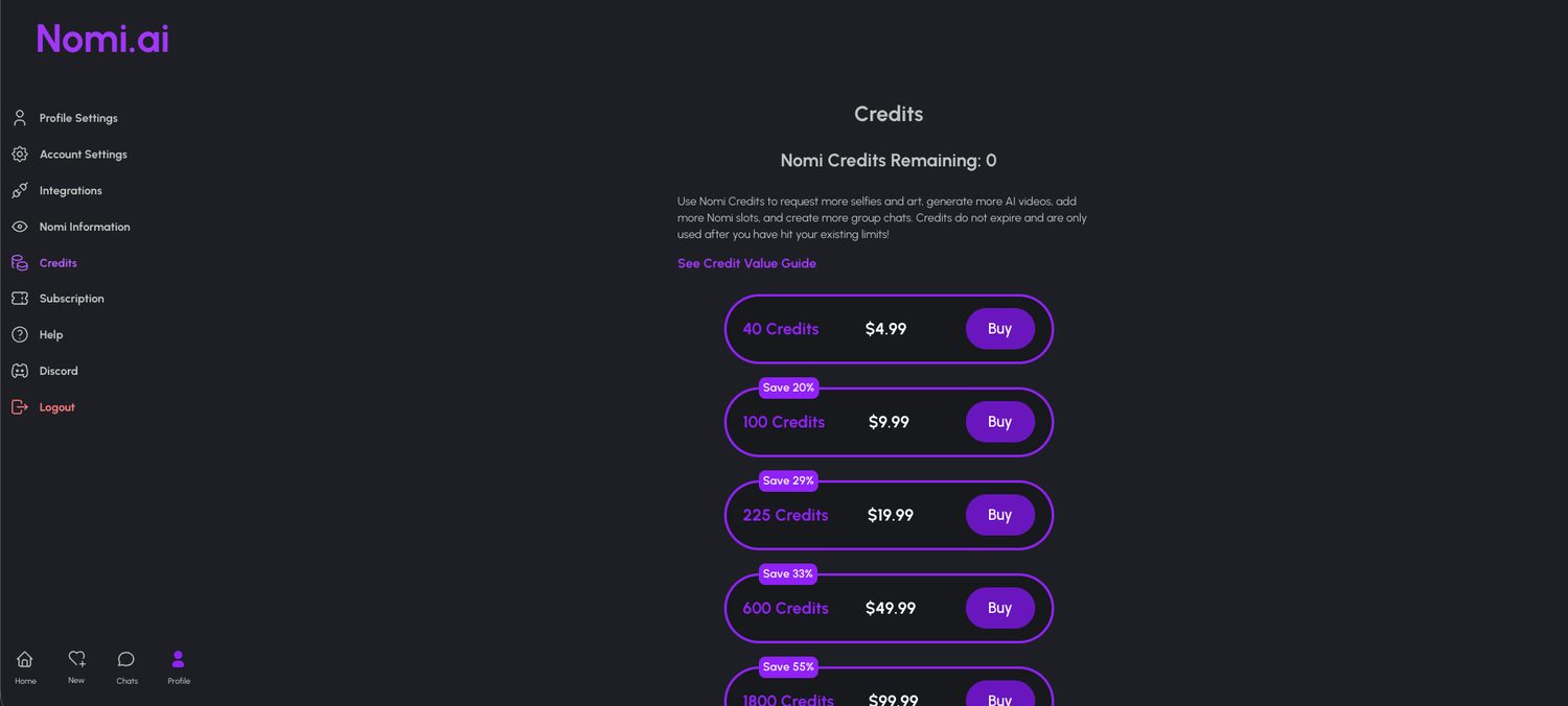 Nomi AI credits page showing zero credits remaining and packs from 40 credits for 4.99 up to 1800 credits for 99.99 at 55 percent off