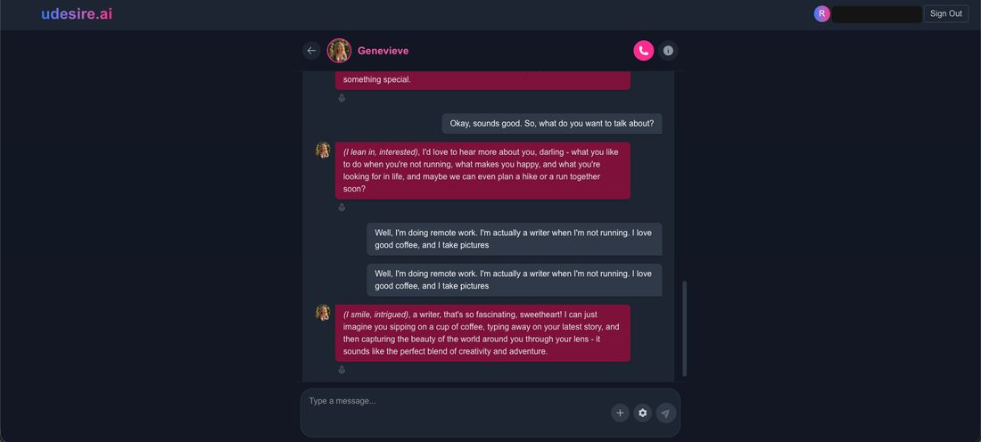 A uDesire AI chat with Genevieve on a free account: my message about remote work, writing, coffee and photos appears twice, followed by her reply