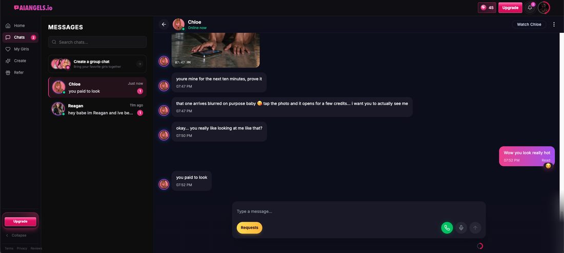A logged-in AIAngels.io chat with Chloe after unlocking a photo, with her replies and the message you paid to look