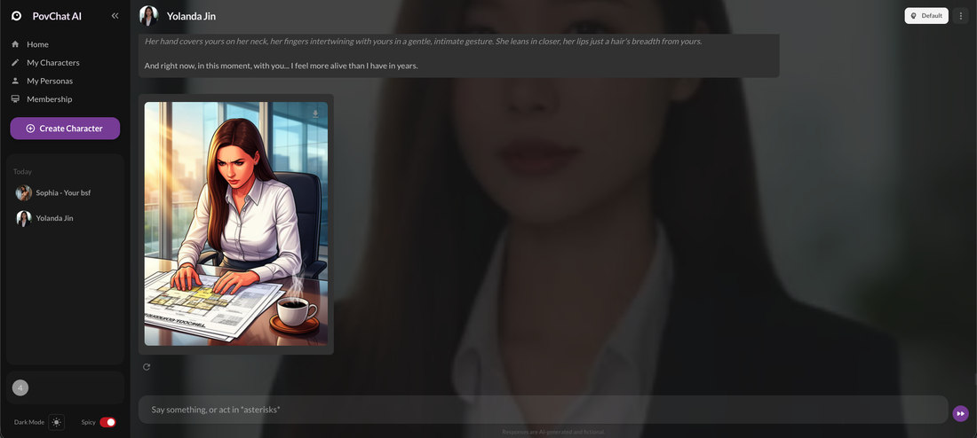 A cartoon-style generated image of Yolanda in an office, mismatching the bar scene